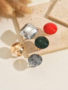 5 件/套几何圆形和方形戒指套装，欧美风格个性化女士戒指，日常搭配，可单独佩戴或叠戴，派对珠宝礼物，必备配饰 - 彩色 - 查看 2