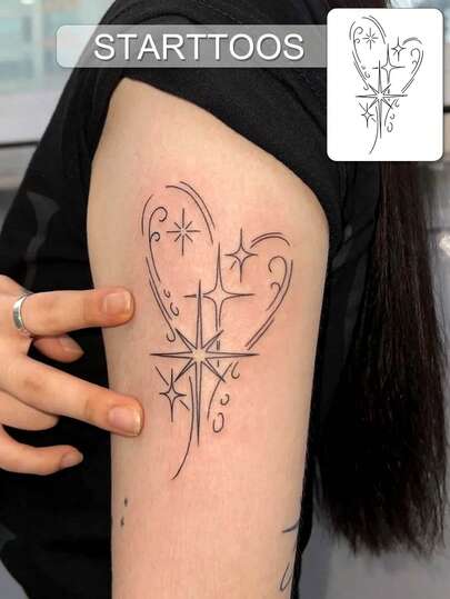 STARTTOOS Tatuaje temporal, línea fina minimalista - Patrón de estrella con contorno de corazón, adecuado para el festival de música Y2K, el Día de San Valentín, el carnaval, regalos de fiesta DIY, tatuaje falso resistente al agua y resistente a la decoloración durante 1-2 semanas, con ingredientes naturales de plantas