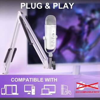  Haomuren White Gaming Microphone Kit With Type-C Adapter For Phone / PC / Laptop, Podcast Condenser USB Mic With Boom Arm, Cardioid Microphone With Mute Button, Echo Volume Gain Knob, Adjust Monitor For Living Streaming, Recording, Podcasting
