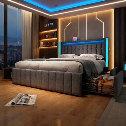 LED-Doppelbett mit USB-C Ladefunktion & 4 Schubladen | 140x200 cm Polsterbett in Grau mit Matratze | Inkl. Holzlattenrost & Stauraum | Modernes Jugendbett mit Beleuchtung