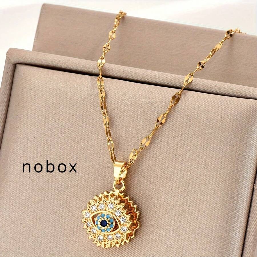 One Golden Plated Stainless Steel Lip Chain With Golden Plated-Plated Cubic Synthetic Zirconia Round Rotatable Blue Eye Inlay Vintage Design Fashionable Minimalist Men's Women's Couple Streetwear Everyday Party Christmas Halloween Versatile Necklace Pendant - 金色 - 查看 1