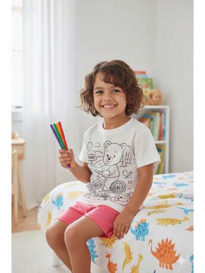 Pijama Infantil Feminino Piquenique dos Ursinhos Para Colorir + Canetinhas
