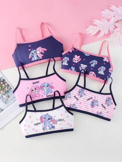 Chatreadl 3pcs/Set Girls' Cute Casual Rabbit Print Camisole & Bralette Set, Suitable For All Seasons