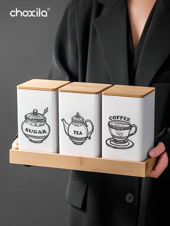 choxila 3pcs/Set Coffee Storage Can Tea Snacks Coffee Bean Storage Can Bamboo Lid Iron Art Display Square Can