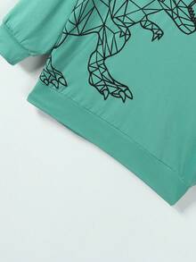 Set de 2 piezas para niños pequeños: Camisa de cuello redondo de manga larga con estampado de dinosaurios y pantalones holgados con cordón, apropiado para uso diario, viajes, fiestas de cumpleaños, regalo