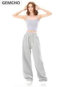 GEMCHO 女士抽绳腰宽松阔腿休闲运动裤，带口袋，针织面料略带弹性，适合休闲、跑步、慢跑、健身等各种场合，四季皆宜的长裤 - 灰色 - 查看 6