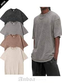 Anboa 4-Pack Men's Vintage Washed Oversized T-Shirts, Heavyweight Cotton Casual Tee Set - Màu beCà phêXámĐenCà phê mơ xám đen - Xem 1