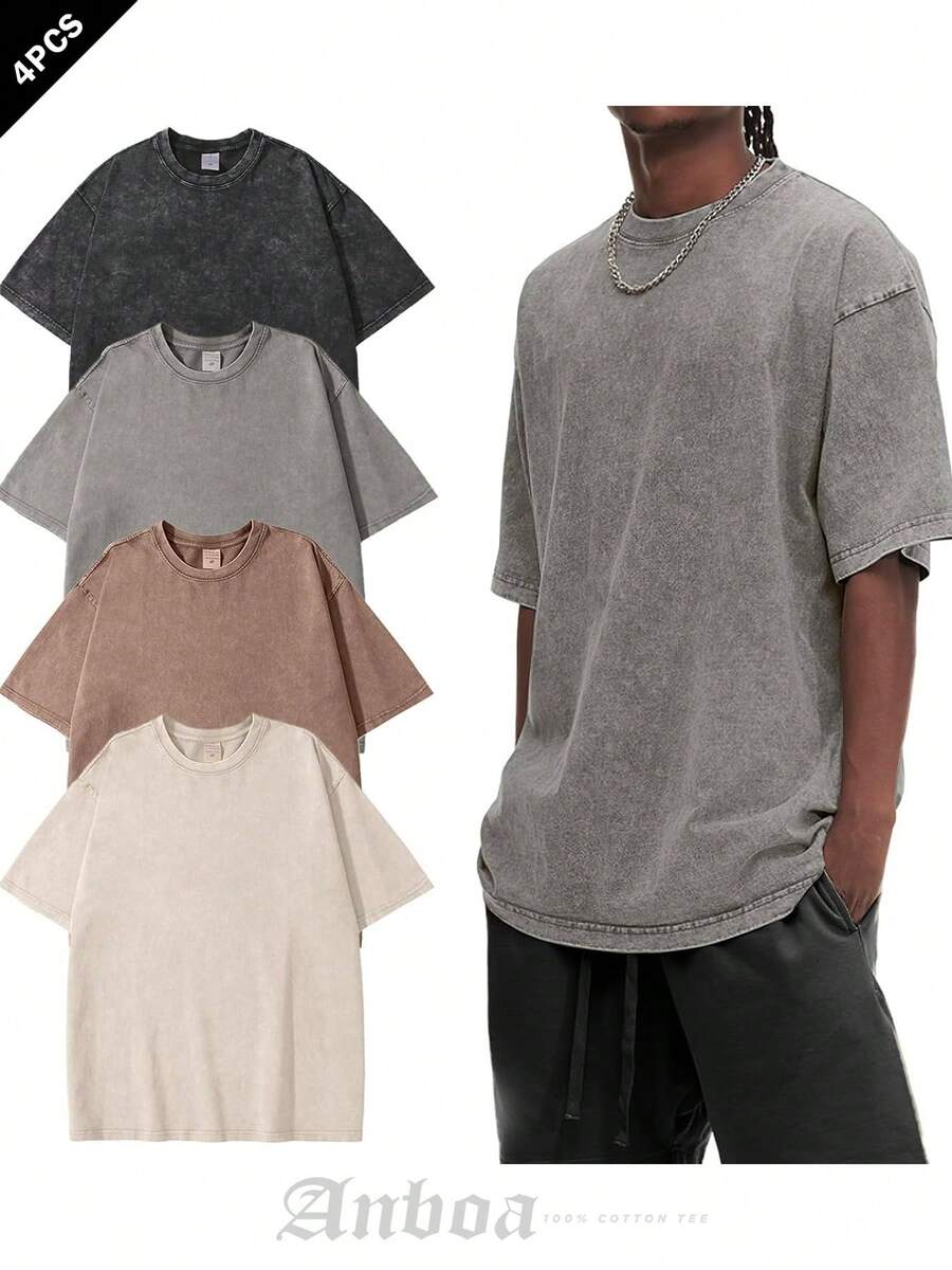 Anboa 4-Pack Men's Vintage Washed Oversized T-Shirts, Heavyweight Cotton Casual Tee Set - Màu beCà phêXámĐenCà phê mơ xám đen - Xem 1