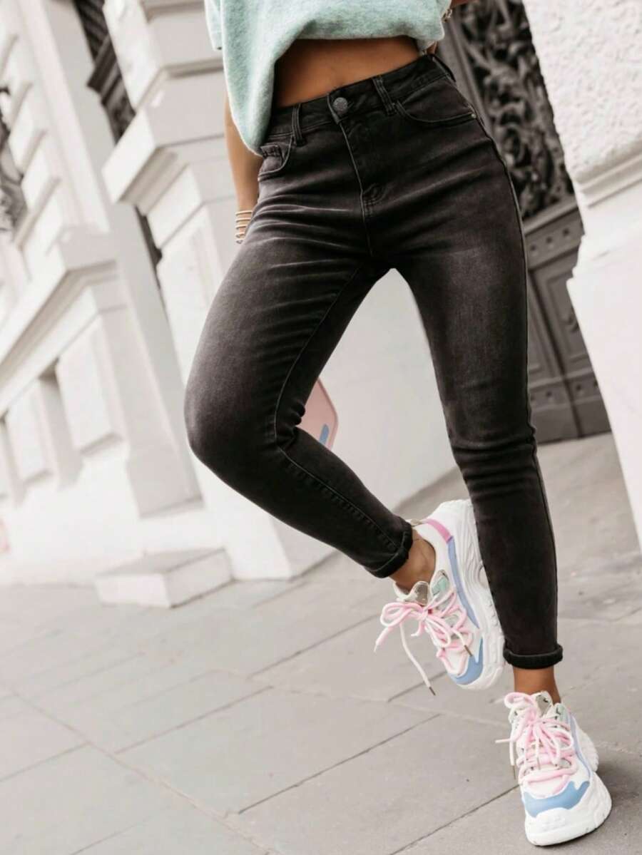 Women's Skinny Jeans With Stretch, Pockets, Comfortable, Button-Down Design, Simple And Suitable For Everyday Wear. - dorong ke atas abu-abu gelap - View 1
