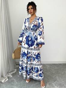 Women's Maxi Dress With A Floral Print, A-Line Silhouette Fitted At The Waist, And Puff Sleeves. This Dress Is Elegant And Romantic, Perfect For Dates, Vacations, Holidays, And Other Occasions. - 藍色 - 查看 6