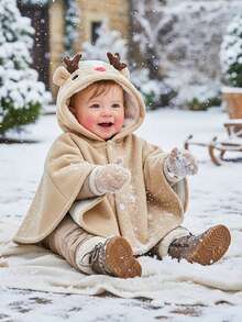 BOARNSEORL Baby Jungen Kapuzen-Hirsch-Muster Khaki Oberbekleidung, warm & bequem, Knopfverschluss vorne, geeignet für Weihnachten, Alltag, Partys, Winter - Khaki - Übersicht 3