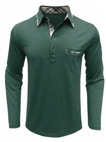 秋季大码男士口袋拼布格子长袖休闲 Polo 衫 - 軍綠色 - 查看 3