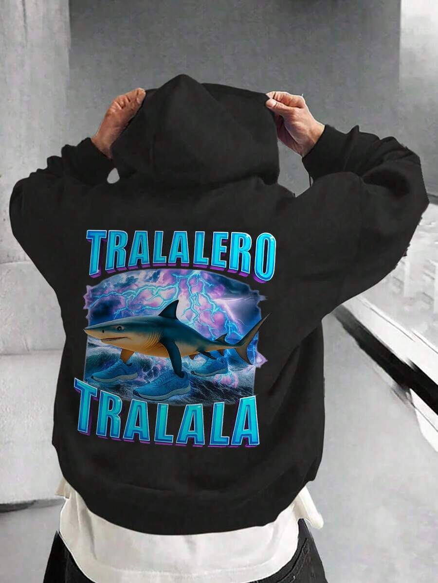 1件装男童休闲印花套头卫衣，保暖内衬，长袖，秋冬季 - 黑色 - 查看 1