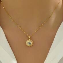 One Golden Plated Stainless Steel Lip Chain With Golden Plated-Plated Cubic Synthetic Zirconia Round Rotatable Blue Eye Inlay Vintage Design Fashionable Minimalist Men's Women's Couple Streetwear Everyday Party Christmas Halloween Versatile Necklace Pendant - 金色 - 查看 6