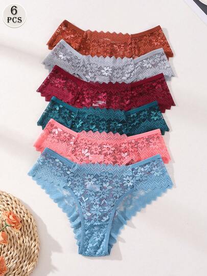 6 PCS Sexy Lace Splicing Low Rise Seamless Bikini Panties - Breathable Soft Underwear For Women Daily Wear & Sports Yoga No VPL Briefs Lingerie