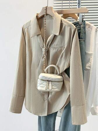 女式条纹领衬衫，长袖，领结装饰，优雅涤纶衬衫上衣，配有假口袋和纽扣