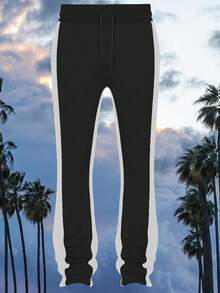 Mens Casual Tech Fleece Solid Stacked Sweat Pants - Black White - View 1