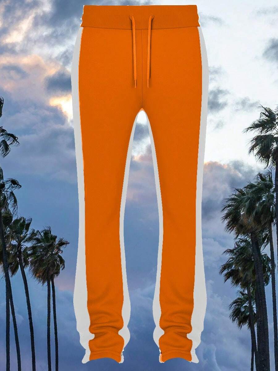 Mens Casual Tech Fleece Solid Stacked Sweat Pants - Orange White - View 1