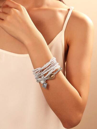 3pcs Glass Bead & Alloy 3D Sea Turtle, Dolphin, Whale Tail Charm Bracelet Set