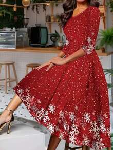 Fashionable Casual Vacation Style Elegant Women's Versatile Slim Fit Outdoor, Home, Travel, Work Dress, Women's Christmas Snowflake Print Casual Graceful Dress, Autumn/Winter