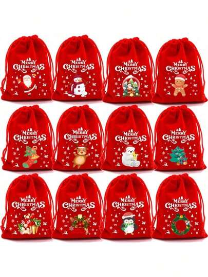 10-Piece Set Of Large Christmas Decorative Gift Bags, 10 Gift Bags With Christmas-Themed Patterns, Christmas And Ramadan Velvet Gift Bags With Strings (Patterns Randomly Selected).