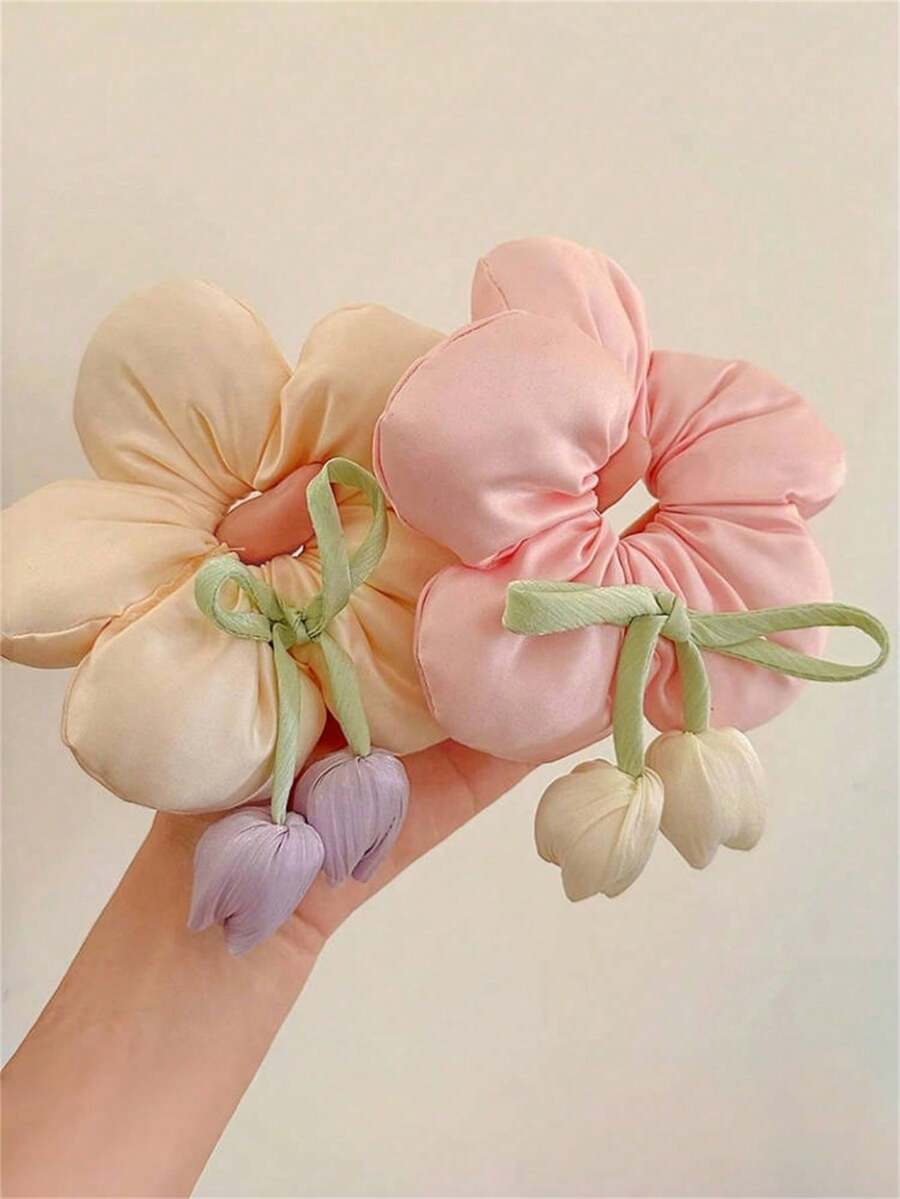 1pc Unique High-End Blogger Style Sponge Flower Hair Scrunchie, 3D Bread Hair Tie, Vacation Style Big Coil Hair Accessory, 3D Tulip Big Coil Hair Scrunchie, High-End Bun Hair Tie, Suitable For Daily, Campus, Holiday, Party, Vacation ,Beauty ,Ponytail Holders ,Hair Elastics ,Hair Rubber Bands ,Hair Rope