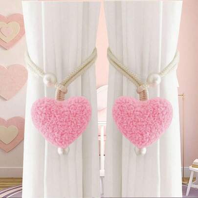 2pcs/1pc Fluffy Heart-Shaped Pearl Window Curtain Tie Back, Nursery Decor Mosquito Net Rope, Door Curtain Coffee Curtain Sun Shade Tiebacks, Christmas Red Heart Shaped Tiebacks