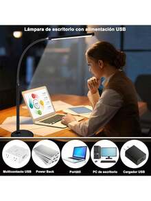 OIOSEN LED Lámpara de escritorio con pinza, largo cuello de cisne flexible de metal USB Lámparas de mesa, 3 modos de brillo 10, clip de luces para la oficina en casa cuidado de ojos (Negro) - Negro - Ver 8