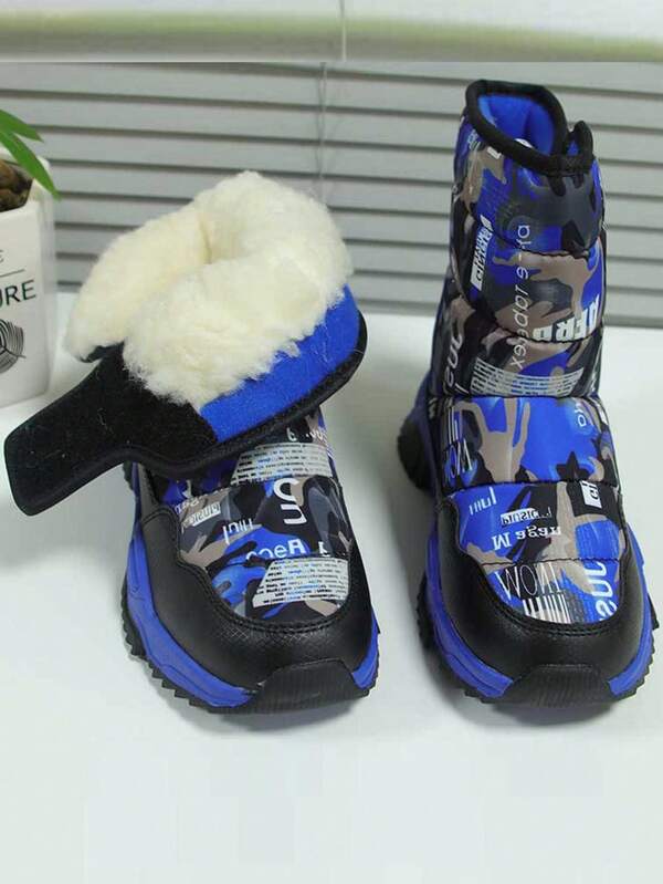 1 Pair Boys' Camouflage & Letter Print Snow Boots, Thick & Warm Outdoor Ski Shoes For Teenagers, 1 Pair Women's FashiThick Thermal Linede Lined Waterproof Snow Boots For Winter