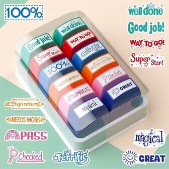 英文多色自动上墨印章，长方形，ABS材质，附赠储物托盘，适合教师、评分、鼓励和商务印章需求。英语学习用品，开学季必备。