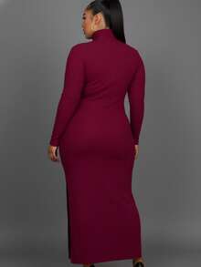 Elegant Plus Size Black Rib Knit Maxi Dress With High Neck And Long Sleeves, Fitted Style With Slit Hem For Party - Burgundy - View 3