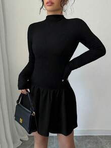 Plus Size Women's Black Ruffle Hem A-Line Mini Dress, Long Sleeve, Mock Neck, Slim Fit, Elegant & Versatile For Daily, Vacation, Holiday, Christmas, New Year - Black - View 5