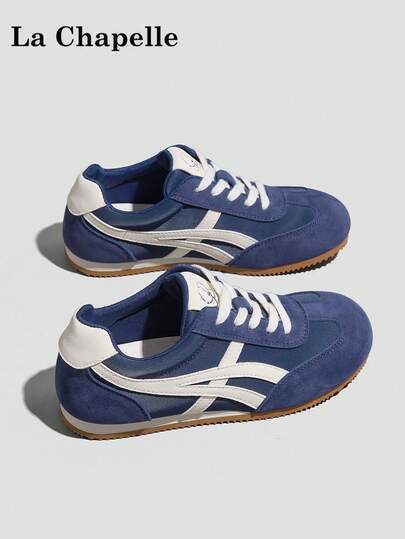 1 Pair La Chapelle Women's Thick Sole Lace-Up Soft Bottom Casual Shoes, Low-Top Outdoor Flat Shoes, Round Toe Low Heel Solid Color Elegant Soft Bottom Hiking Shoes Suitable For Students Taking Graduation Photos, Women Low-Top Leather Sneakers