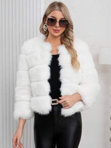 Elegant Women's Faux Fur Coat White Color Regular Sleeve Round Neck Wrist Length Contrast Faux Fur Design Warm Lined For Winter Christmas And New Year - White - View 3