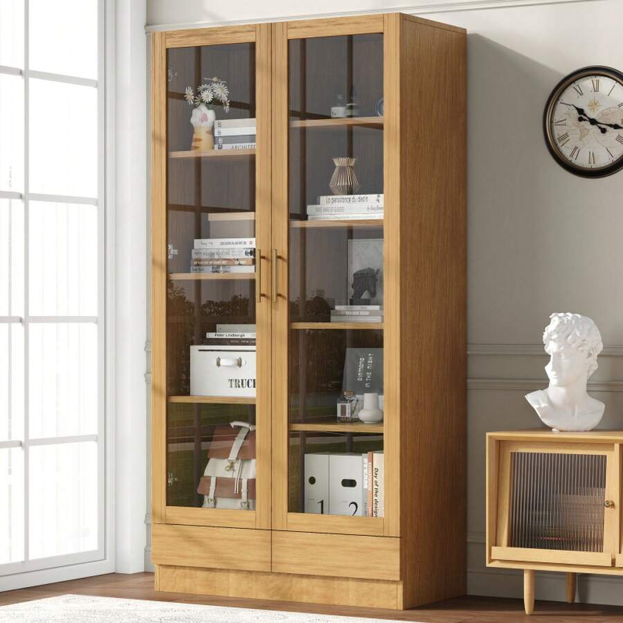 Vetrina in vetro (armadio per ufficio/archivio/scaffale portaoggetti) – ripiani mobili, non regolabili, cassetti con apertura a pressione senza maniglie, 80*40*160, color legno