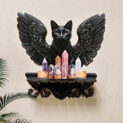 30cm Black Flying Cat Halloween Decor, Wooden Wall Candle Holder, Home Accessories