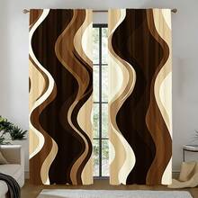 2D Flat, 2-Piece Festive Christmas Decor Window Curtains, Digital Print With Abstract Brown Wavy Pattern, Christmas Window Curtain Gift For Bedroom, Living Room, Office, Night Curtain Suitable For General Festivities And Winter Holiday Parties, Perfect For Living Room, Kitchen, Bedroom, And Holiday Winter Decor, Outdoor Christmas Decorations, Rod Pocket Design, Fade-Resistant, Xmas Artistic Style - 彩色 - 查看 1