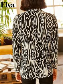 ELVA 女士夏季斑马纹纽扣衬衫，休闲办公通勤商务会议婚礼宾客毕业典礼度假上衣春季款 - 黑與白 - 查看 5