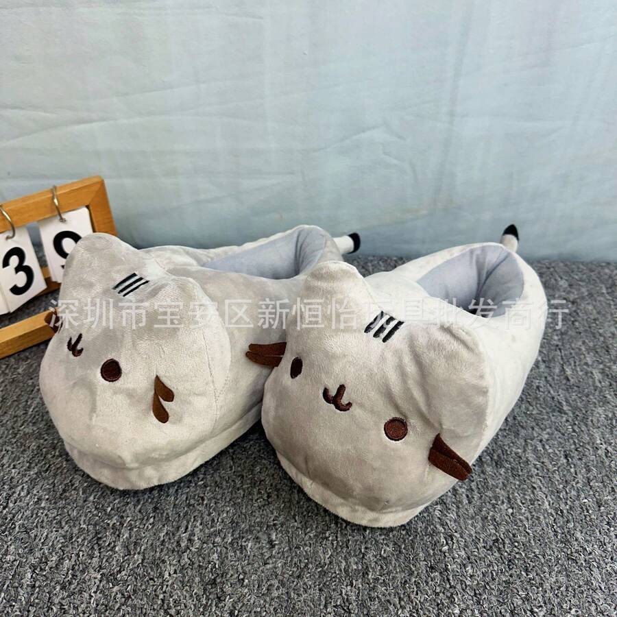 Factory Direct Supply Cute Couple Classic Panda Fat Cat Plush Slippers Autumn Winter Home Warm Fabric Slippers Cross-Border - 灰色 - 查看 1