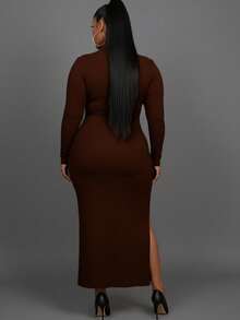 Elegant Plus Size Black Rib Knit Maxi Dress With High Neck And Long Sleeves, Fitted Style With Slit Hem For Party - Coffee - View 3