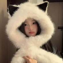 1 件柔软涤纶仿毛猫耳帽，配有一体式围巾，适合冬季男女佩戴，时尚中性，轻便，带有封口，非常适合单身派对。