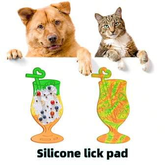 硅胶宠物舔垫，适用于狗和猫，吸管杯图案（2 包，深蓝色），宠物慢速喂食器（无吸盘），舔垫可缓解焦虑并减少无聊
