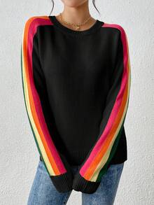 女士彩色彩虹条纹休闲圆领长袖毛衣，秋冬季黑色 - 黑色 - 查看 6