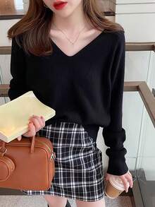 Damen Herbst/Winter einfacher V-Ausschnitt vielseitiger Pullover