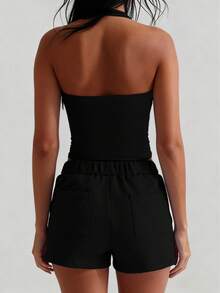 XLLAIS Sexy Backless Camisole, Fashionable Square Neck Elastic Casual Black Fitted Summer Tank Top For Women - Black - View 4