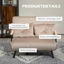 HOMCOM 2-Seater Sofa With Sleeper, 102 X 73 X 81 Cm, With Five-Way Adjustable Backrest, Throw Pillows, Non-Slip Feet, Velvet Look, Light Brown On-Site - 1 - View 6