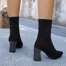 欧美风格弹力针织尖头中筒靴，女款加大码，酒红色，细高跟，秋冬时尚鞋 - 棕色 - 查看 6