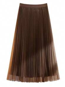 LuminousWealth Women's Elegant Pleated Mesh A-Line Skirt, Suitable For Casual Or Office Wear, Minimalist & Graceful | Polyester Mesh Skirt - Brown - View 2