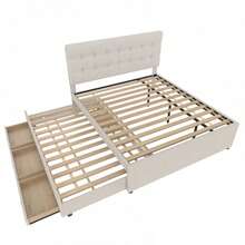 (=WX000502AAA) Upholstered Bed, 140x200cm, Double Bed, Family Bed, Double Bed With Three Drawers, Trundle Bed, Adjustable Headboard, Without Mattress, Beige - Beige - View 10