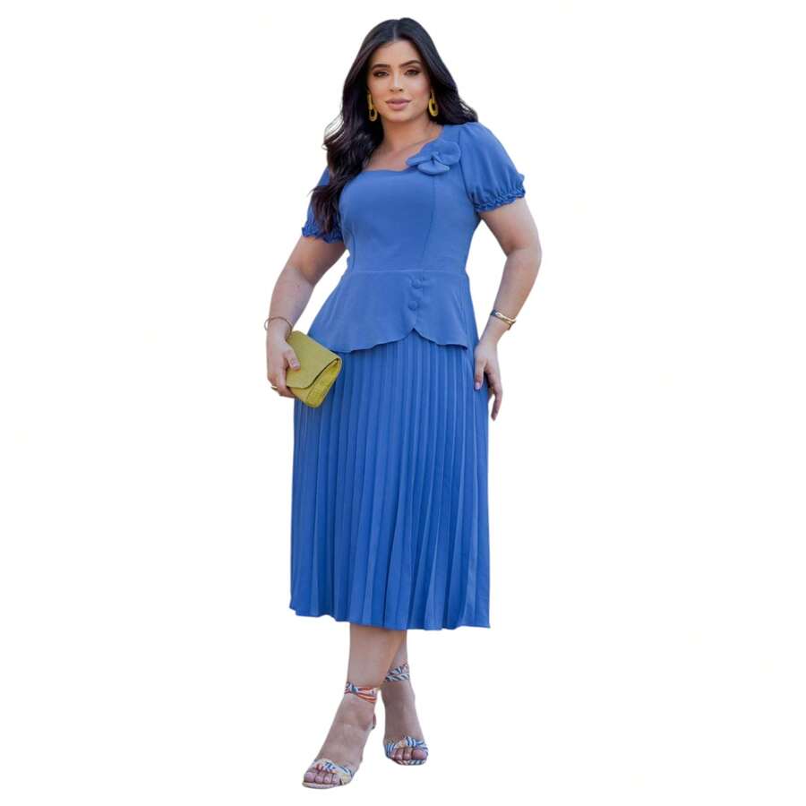 Evangelical Fashion Dress With Flower Detail And Ruffled Pleated Skirt - 淺藍色 - 查看 1